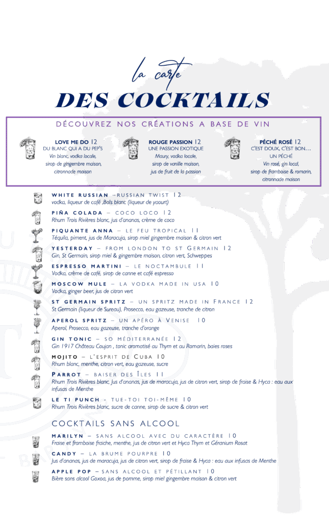 La carte des cocktails propose des créations à base de vin (Love Me Do, Péché Rosé), des classiques (Moscow Mule) et des options sans alcool.