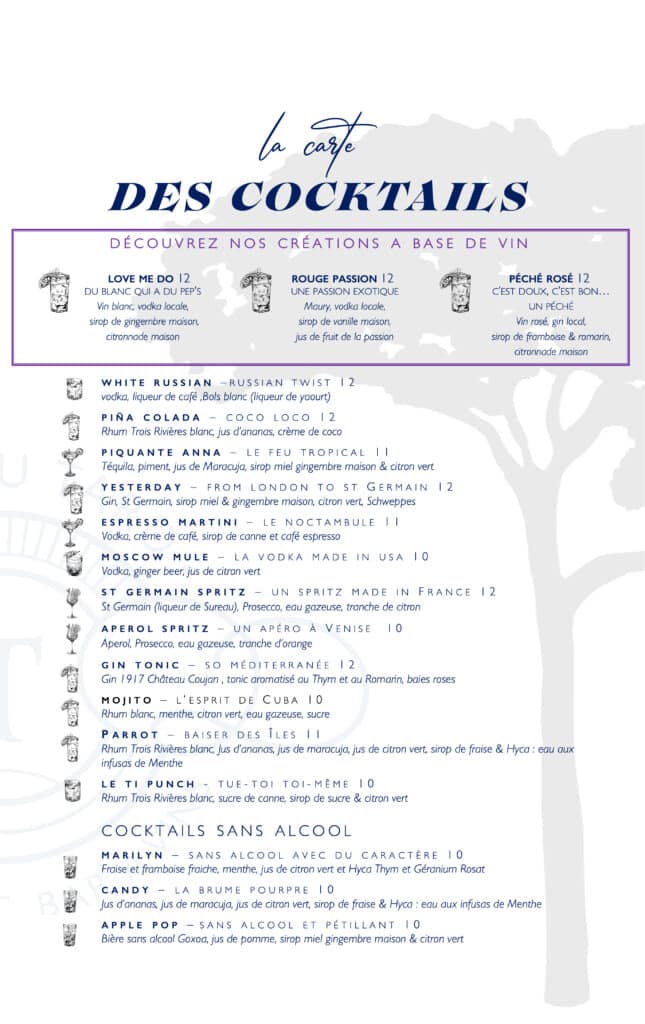 Menu de cocktails complet illustré, présentant les créations à base de vin (Love Me Do, Rouge Passion, Pêché Rosé), des classiques et des options sans alcool.