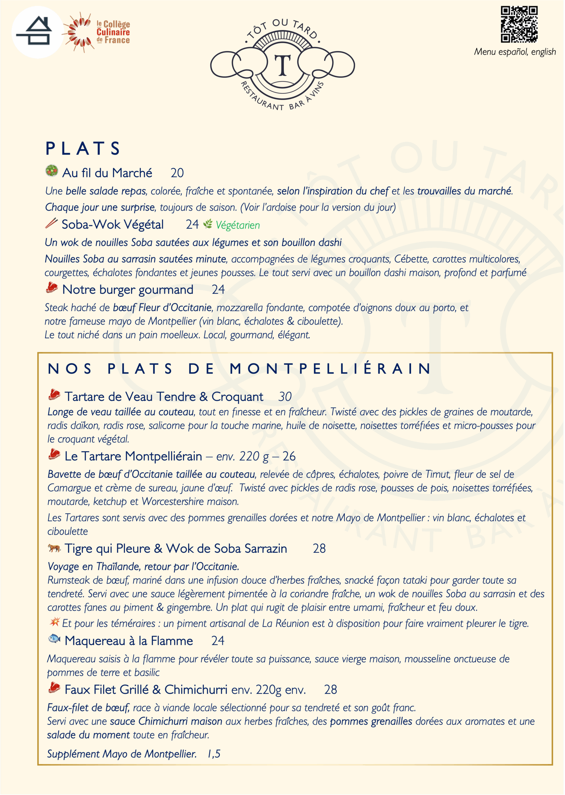 Menu du restaurant Tôt ou Tard présentant les plats : burger, tartares de veau/boeuf, wok végétal, poisson. Logo Collège Culinaire de France, QR code.