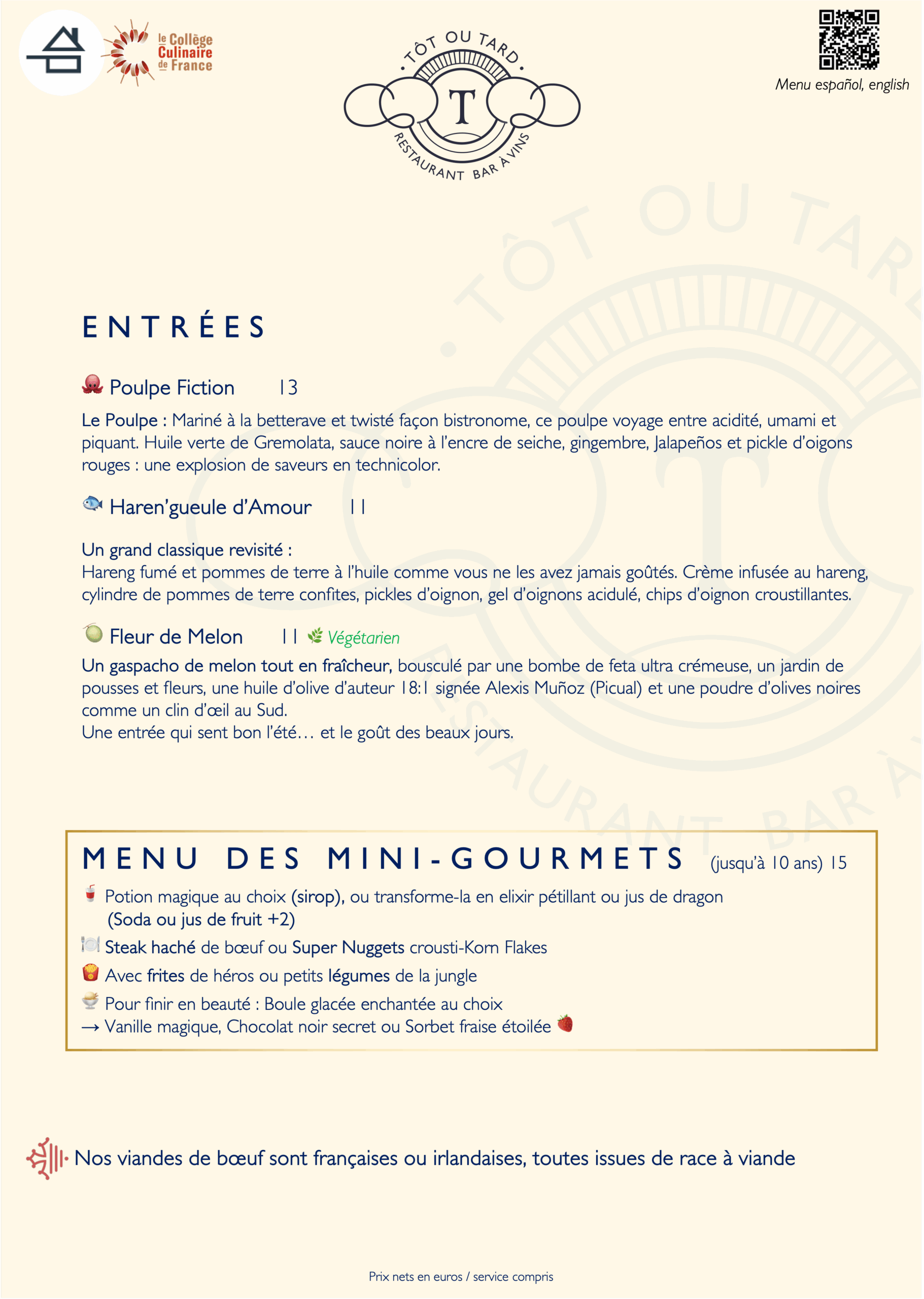 Menu du restaurant Tôt ou Tard affichant entrées créatives (Poulpe Fiction, Haren'gueule, Melon végétarien) et un menu enfants.