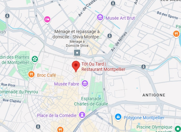 Montpellier: restaurant Tôt Ou Tard près du Musée Fabre, Jardin des Plantes, Esplanade Charles-de-Gaulle et quartier Antigone.